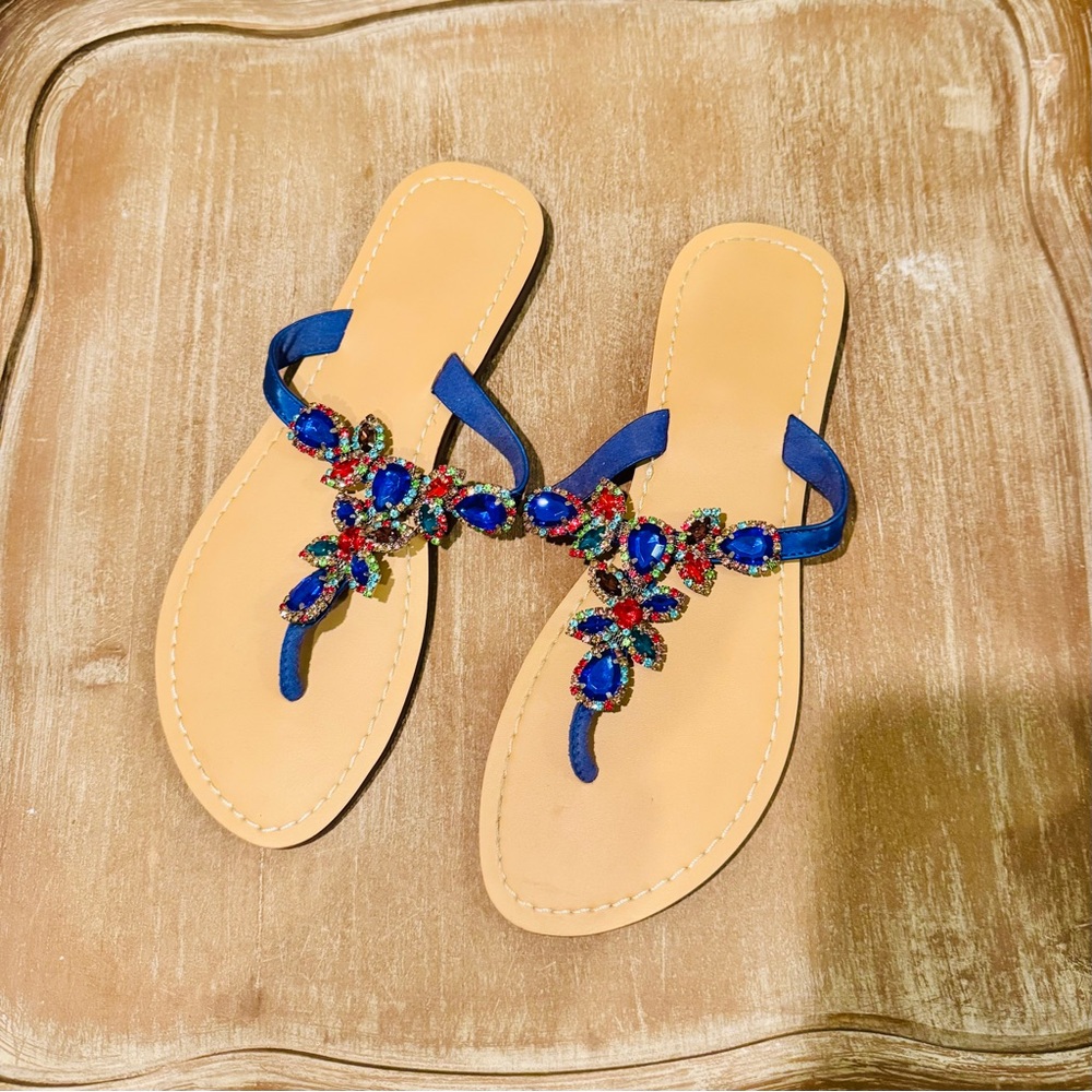 Elegant Blue Women's Sandals with multi color rhinestones. 8B like brand new